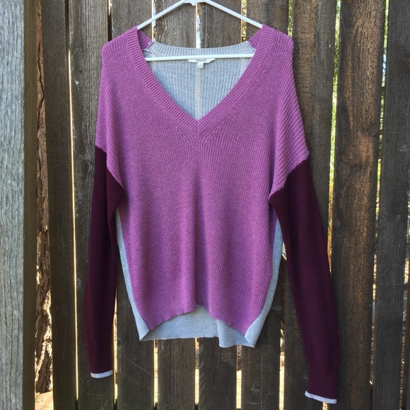 Splendid Cashmere Viscose Blend Ribbed V-neck Color Block Oversized Sweater Sz S - Picture 6 of 11
